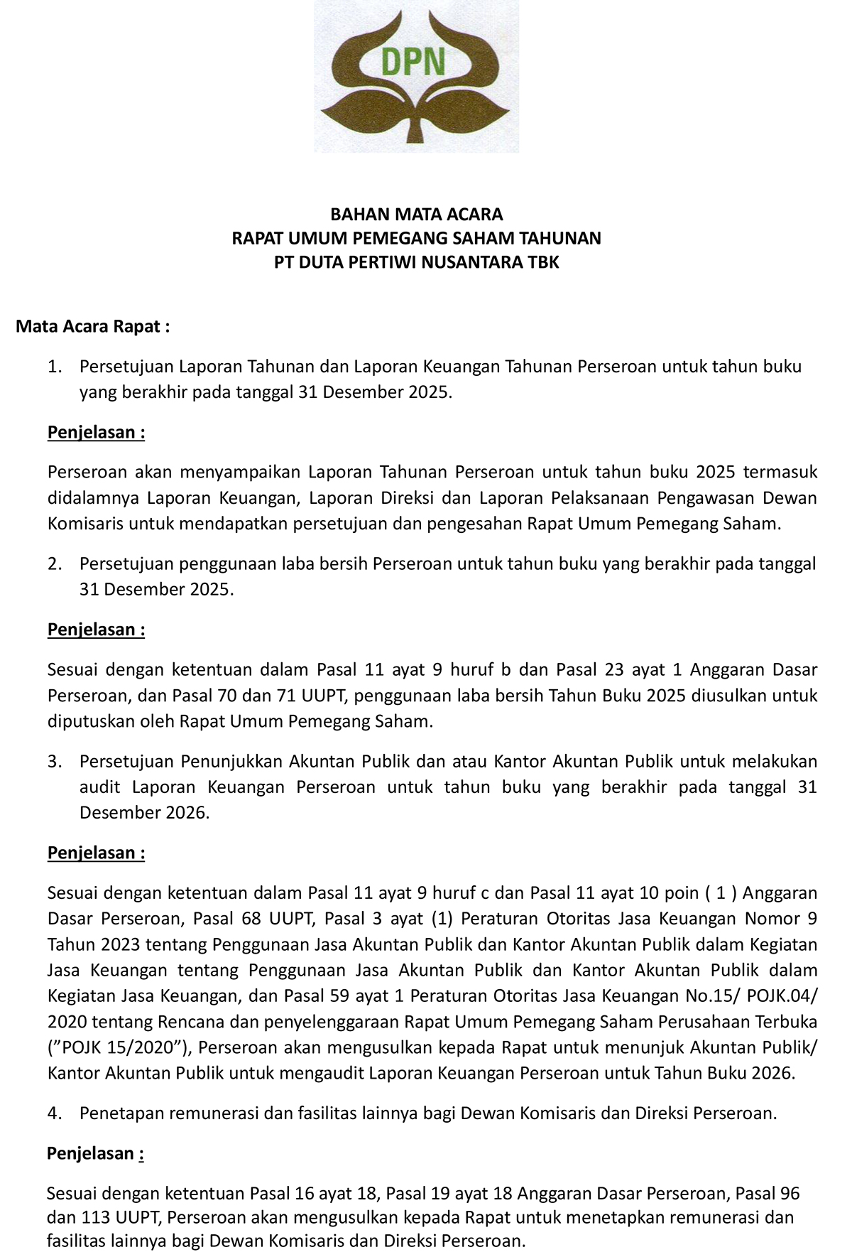 Bahan Mata Acara Rapat Umum Pemegang Saham Tahunan Tanggl 09 Juni 2026