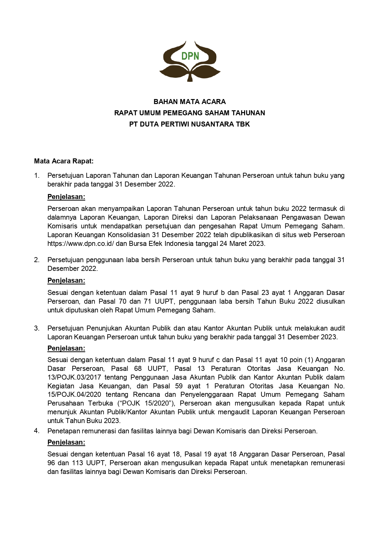 Bahan Mata Acara Rapat Umum Pemegang Saham Tahunan PT Duta Pertiwi Nusantara Tbk 2023