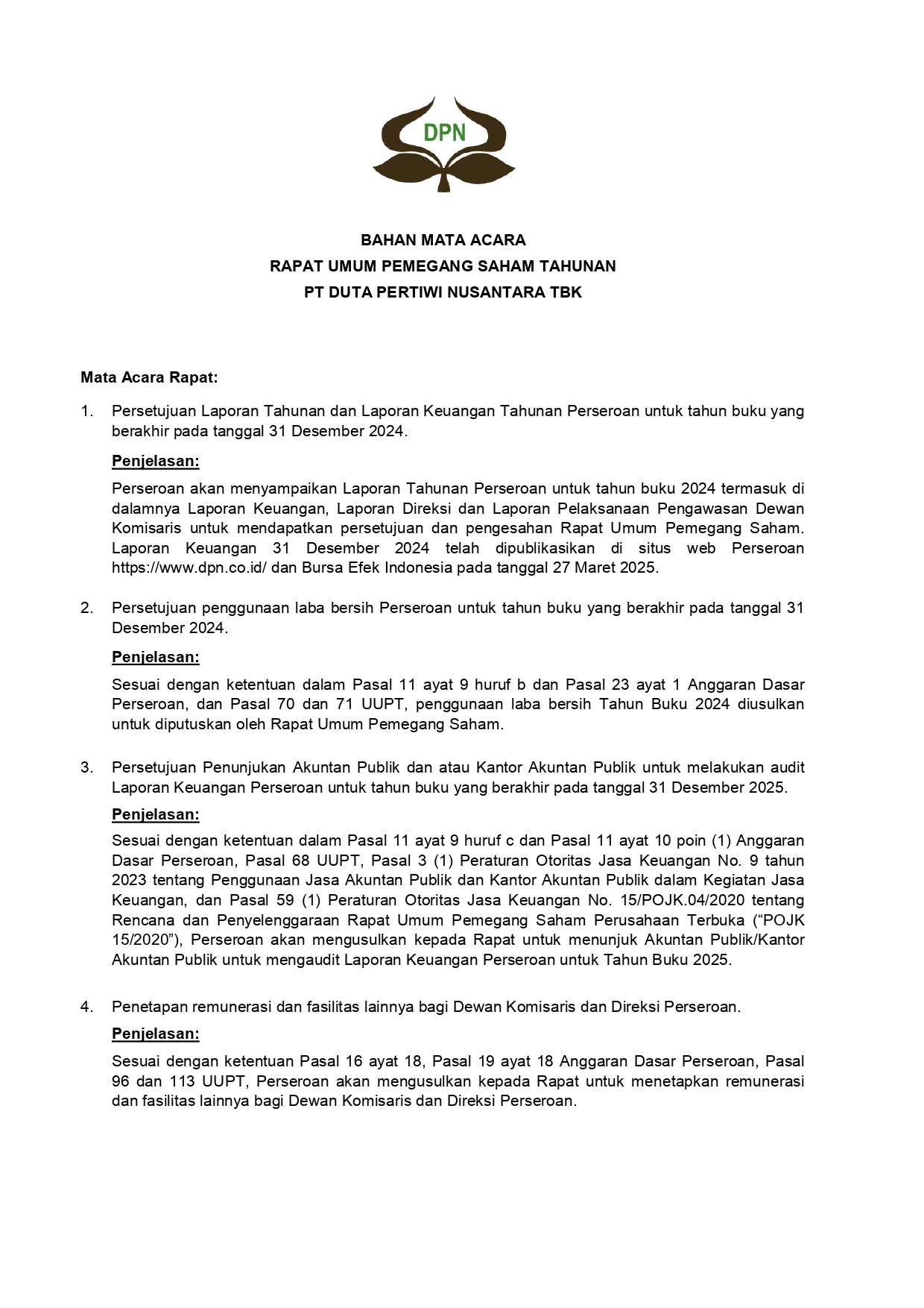 Bahan Mata Acara Rapat Umum Pemegang Saham Tahunan PT Duta Pertiwi Nusantara Tbk 2025