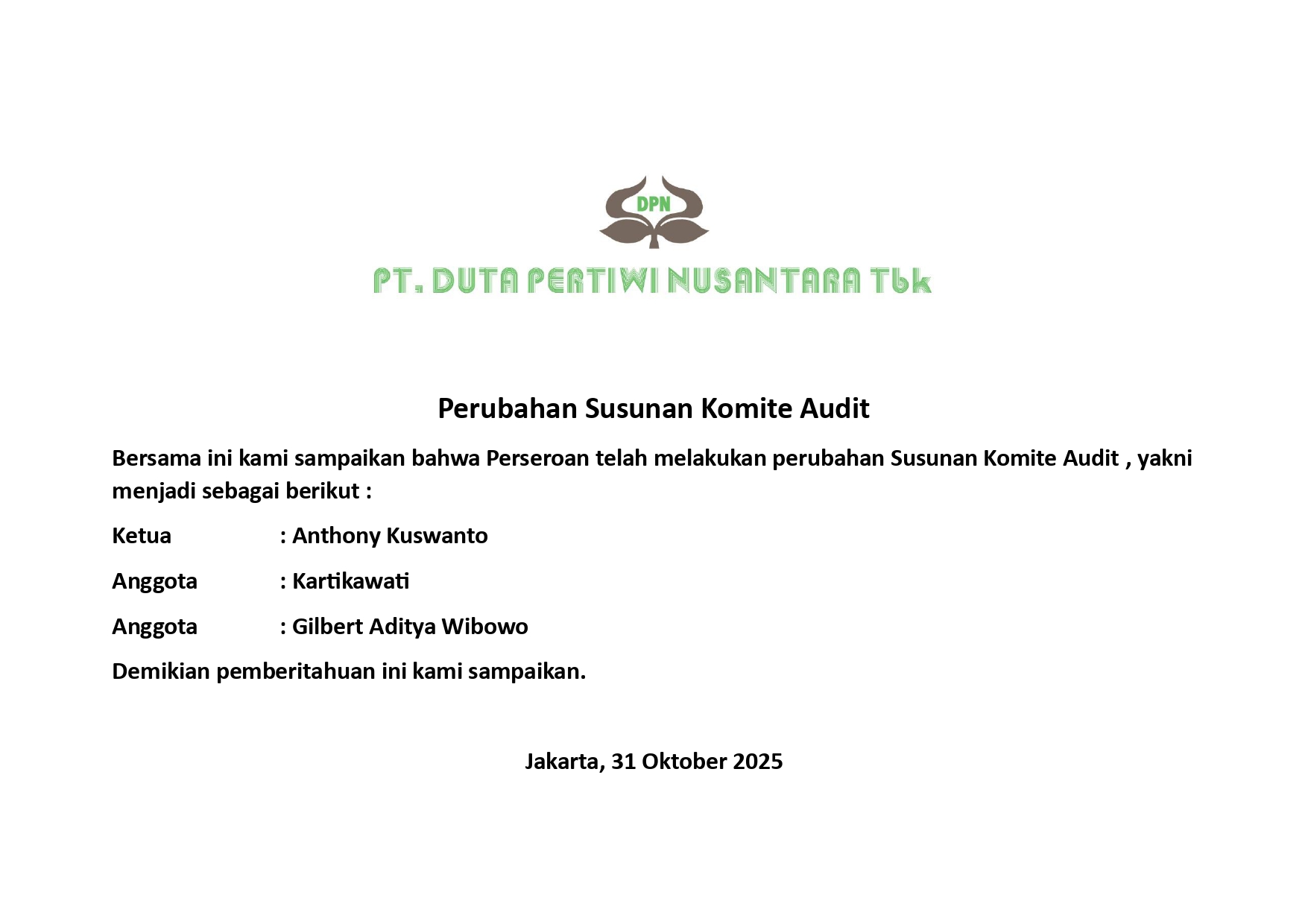 Informasi Perubahan Susunan Komite Audit.