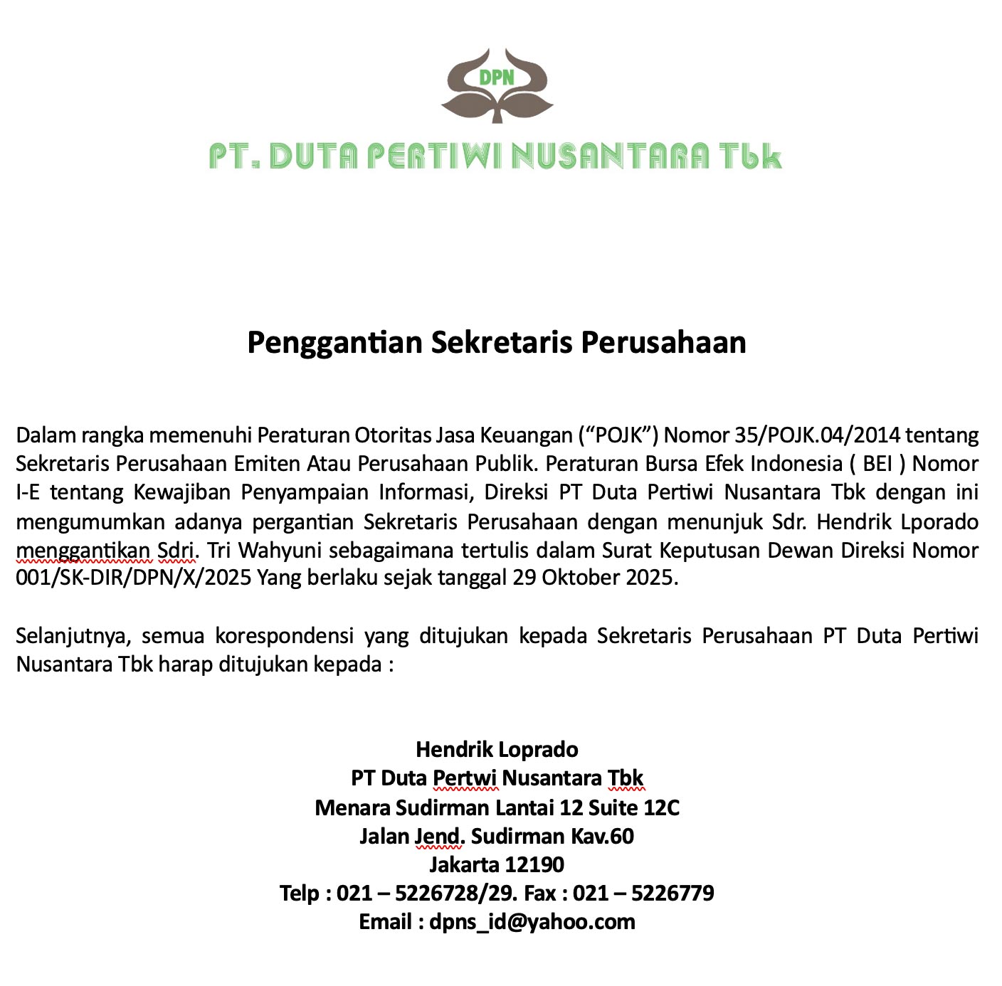 Penggantian Sekretaris Perusahaan