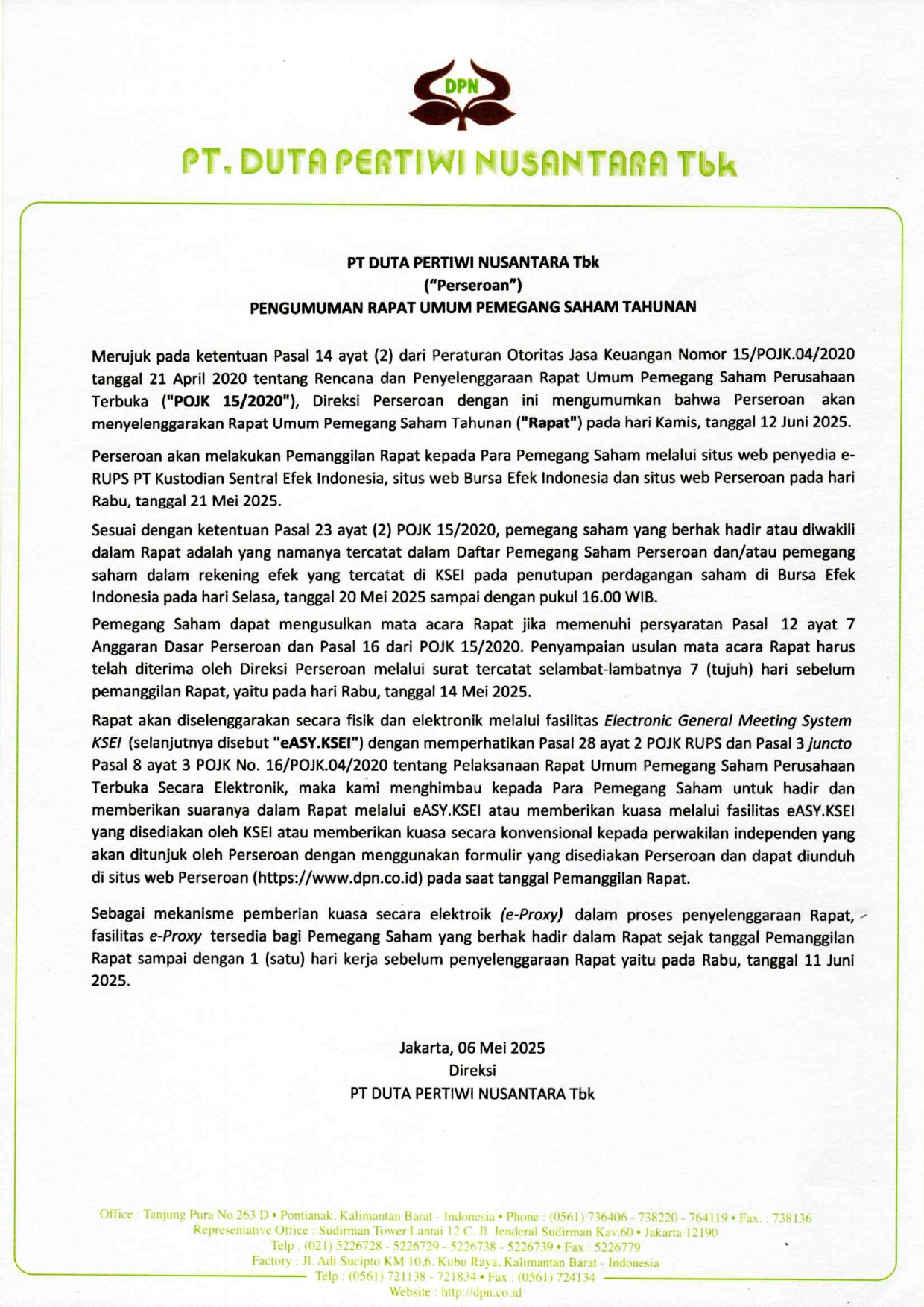 Pengumuman Rapat Umum Pemegang Saham Tahunan PT Duta Pertiwi Nusantara Tbk 2025