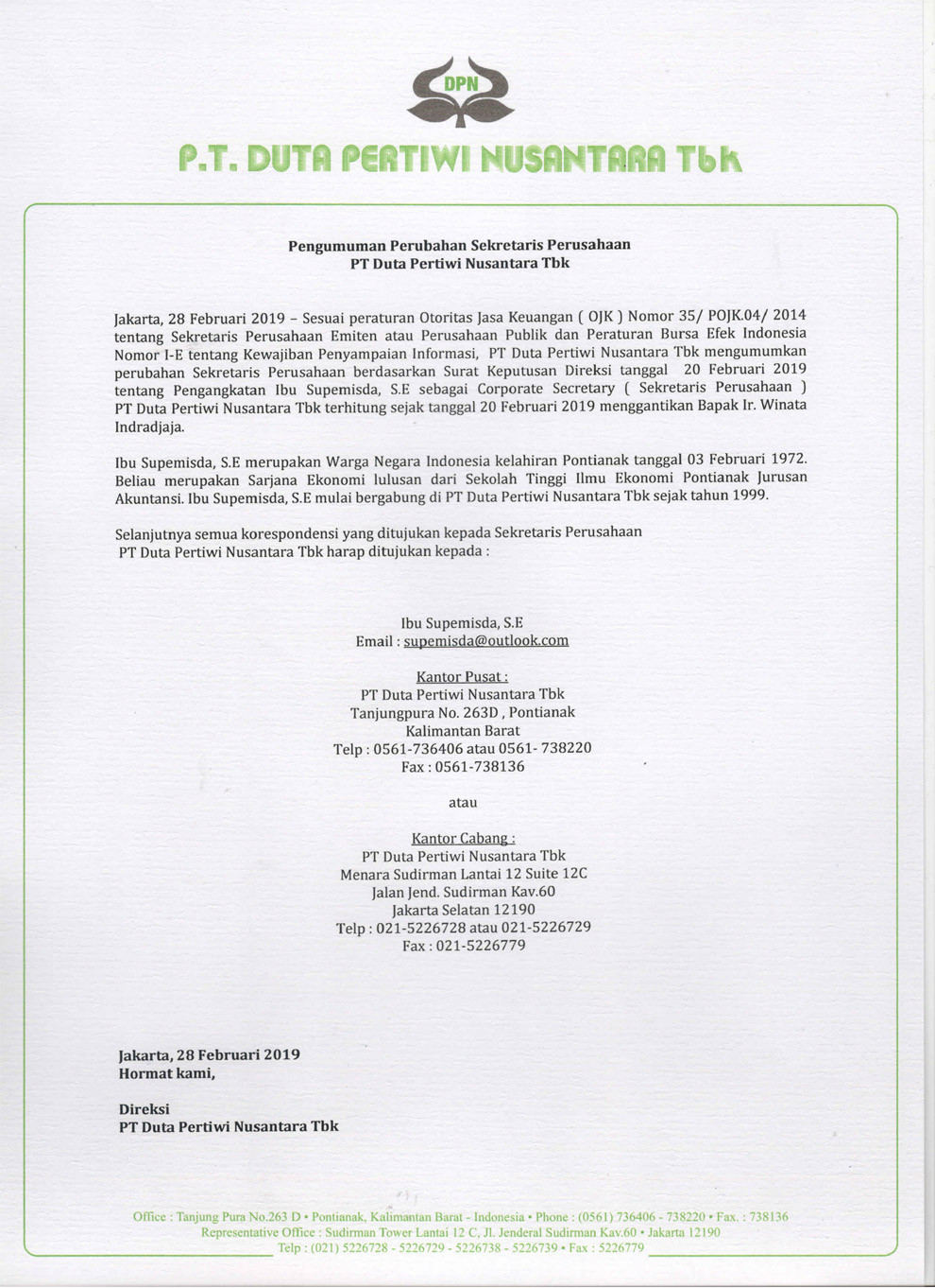 Pengumuman Perubahan Sekretaris Perusahaan PT Duta Pertiwi Nusantara Tbk