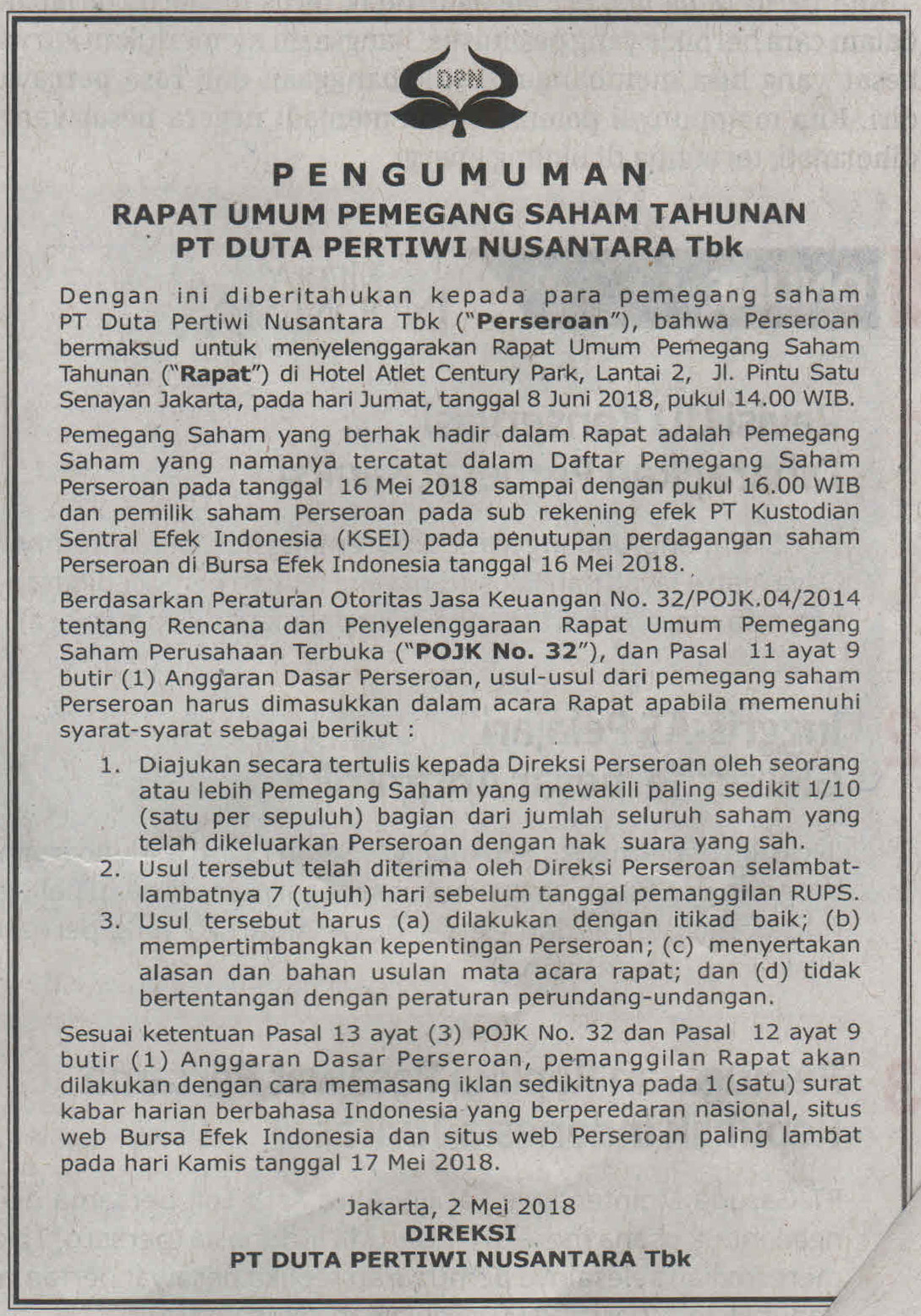 Pengumuman Rapat Umum Pemegang Saham Tahunan PT. Duta Pertiwi Nusantara Tbk 8 Juni 2018