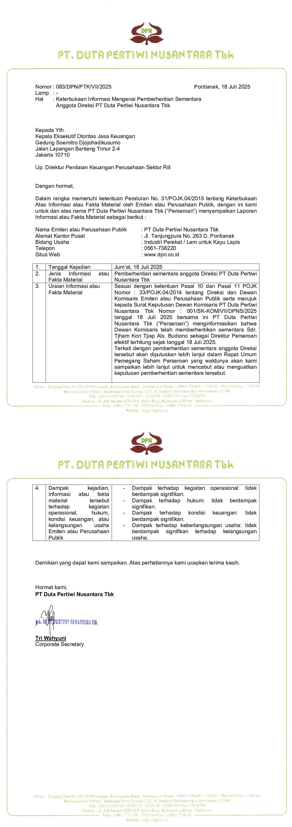 Keterbukaan Informasi Mengenai Pemberhentian Sementara Anggota Direksi PT Duta Pertiwi Nusantara Tbk