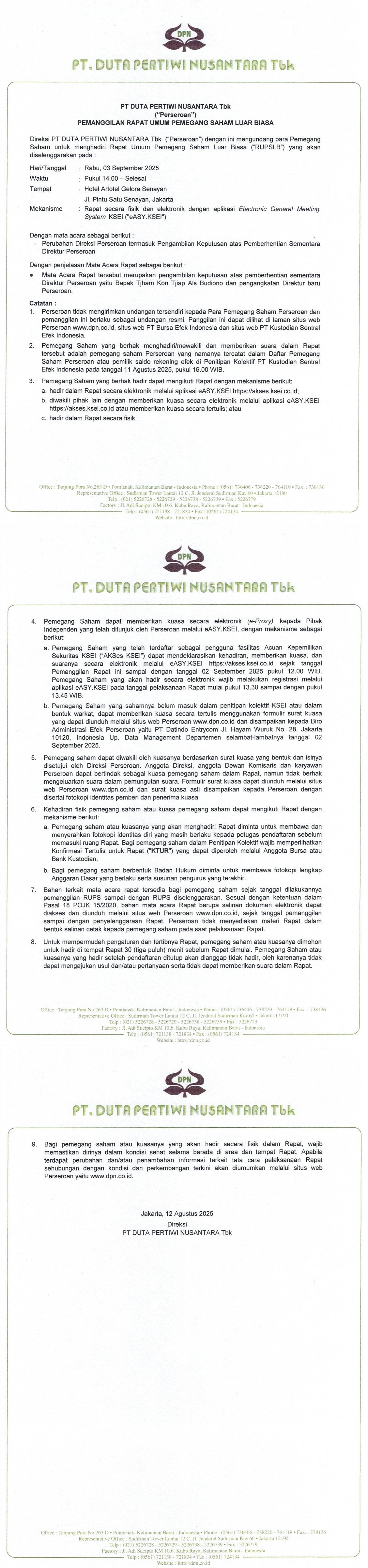 Pemanggilan Rapat Umum Pemegang Saham Luar Biasa 2025