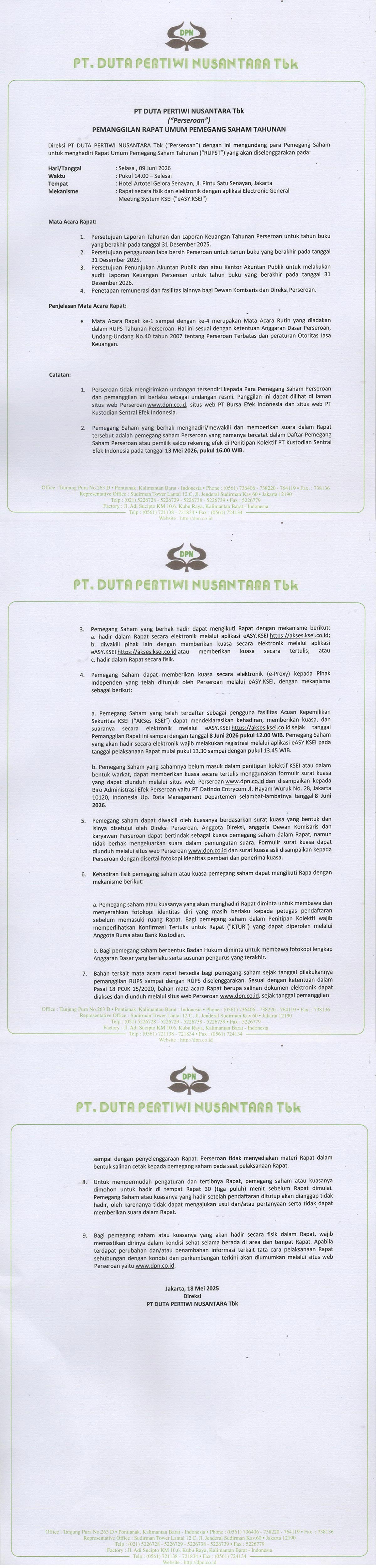 Pemanggilan Rapat Umum Pemegang Saham Tahunan 18 Mei 2026